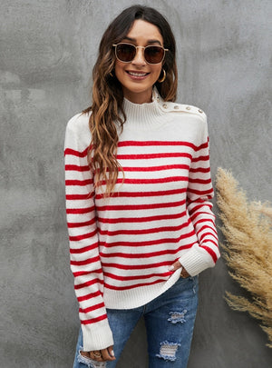 Striped Loose Long-sleeved Stand-up Sweater