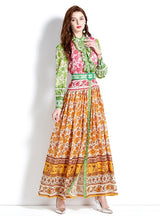 Long-sleeved Holiday Lantern Sleeve Printed Dress