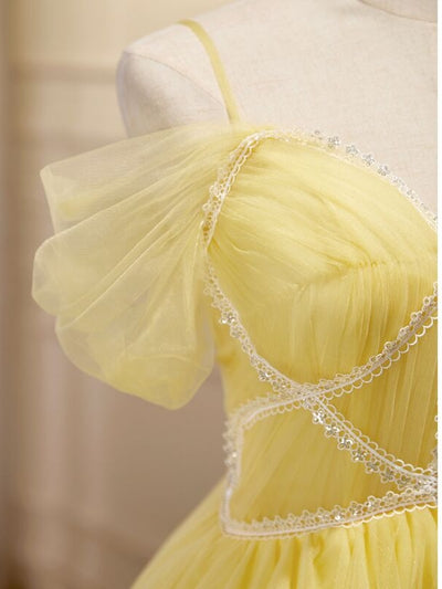 Yellow Tulle Straps Pleats Homecoming Dress