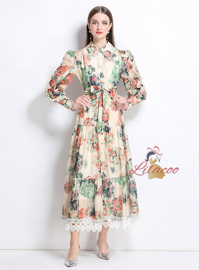 Holiday Style Printed Long Sleeve Long Dress