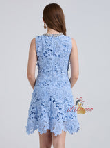 Retro Blue Diamond Three-dimensional Lace Dress