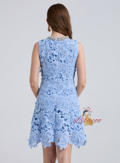Retro Blue Diamond Three-dimensional Lace Dress