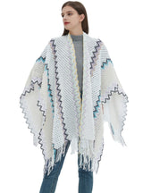 Ethnic White Knitted Split Tassels Shawl