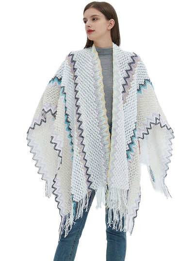 Ethnic White Knitted Split Tassels Shawl