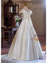Ivory White Satin Pleats Off the Shoulder Wedding Dress