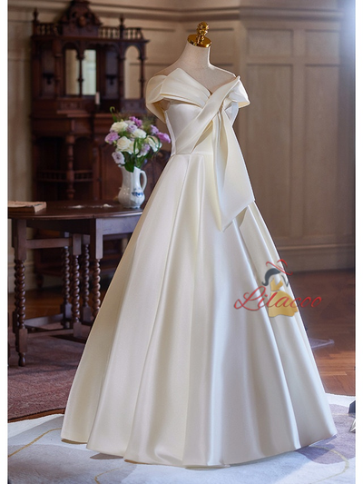 Ivory White Satin Pleats Off the Shoulder Wedding Dress