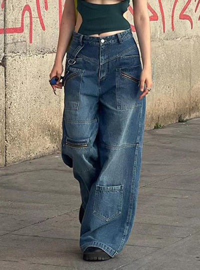 Low Waist Zipper Pocket Loose Jeans