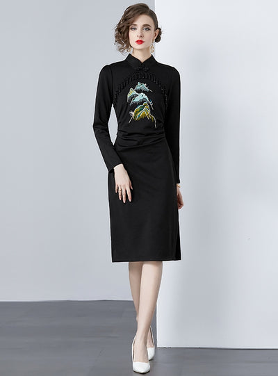 Beaded Tassel Landscape Embroidery Slim Dress