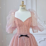 Pink Tulle Sequins Puff Sleeve Backless Prom Dress