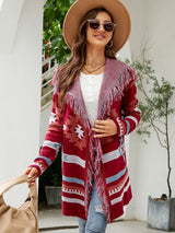 Loose Hooded Coat Tassel Geometric Jacquard Sweater Cardigan