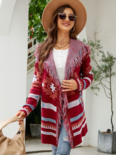 Loose Hooded Coat Tassel Geometric Jacquard Sweater Cardigan