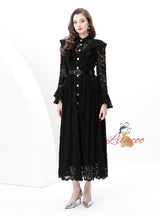 Wooden Ear Spliced Lace Long Dress