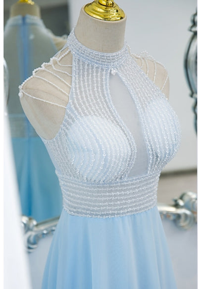 Pink Chiffon High Neck Beading Prom Dress