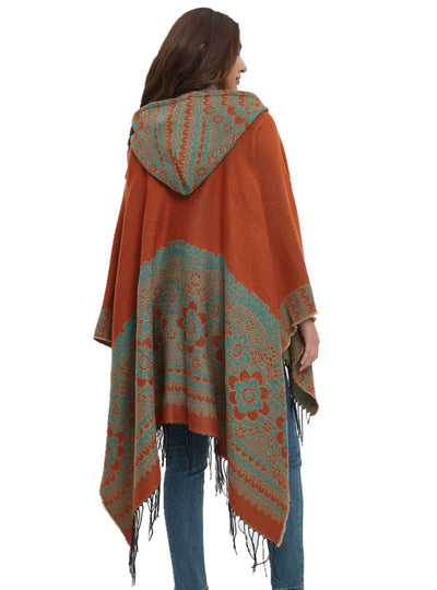 Ethnic Jacquard Hooded Cloak Shawl