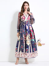 Vintage V-neck Lantern Sleeve Printed Dress