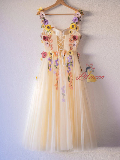 Yellow Tulle Lace Flower Prom Dress