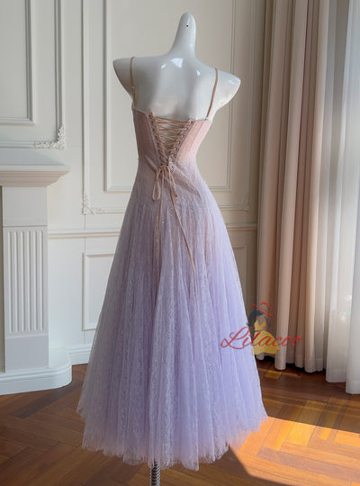 Purple Lace Straps Pleats Prom Dress