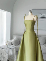 Green Satin Spaghetti Straps Prom Dress