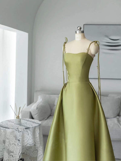 Green Satin Spaghetti Straps Prom Dress