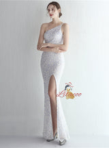 Mermaid Sequins One Shoulder Split Prom Dress