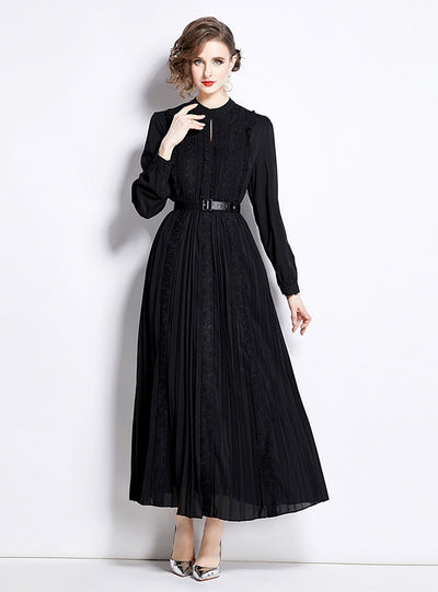 Belt Lace Long Round Neck Long Sleeve Dress