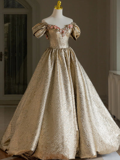 Champagne Gold Off the Shoulder Flower Prom Dress