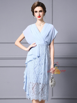 Blue Chiffon Lace V-neck Mother Of The Bride Dress