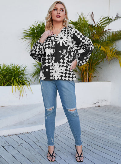 Lantern Sleeve Loose Geometric Print Shirt Top