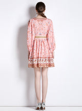 Printed V-neck Long Sleeve Short Dress