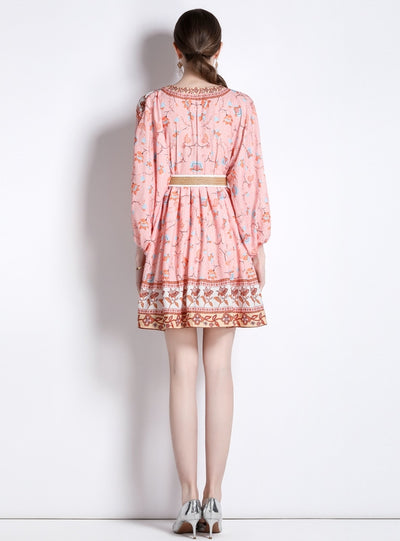 Printed V-neck Long Sleeve Short Dress