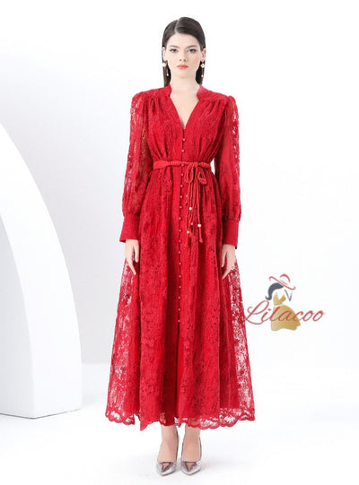 V-neck Lace Single-breasted Long Dress