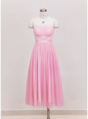 Pink Tulle Straps Pearls Prom Dress