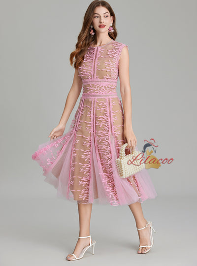 Round Neck Sleeveless Lace Gauze Dress