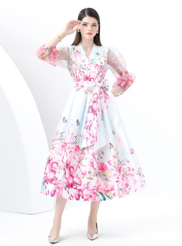 Palace Style Printed V-neck Long-sleeved Dress