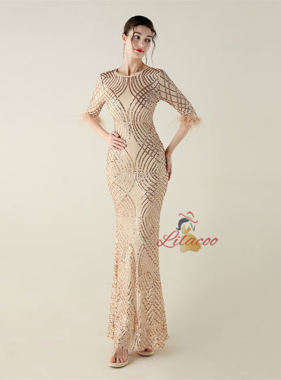 Short Sleeve Mermaid Sequins Prom Dress