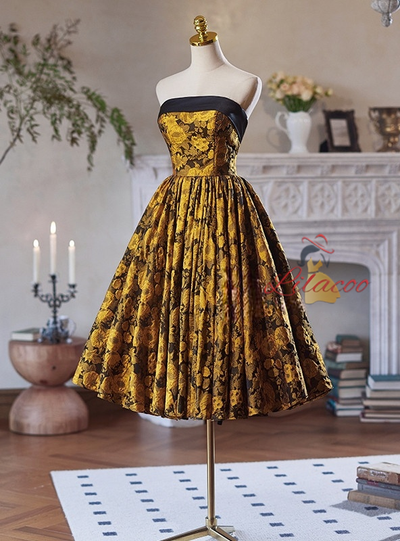 Simple Black Yellow Print Strapless Homecoming Dress