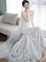 White Mermaid Lace Long Sleeve Wedding Dress