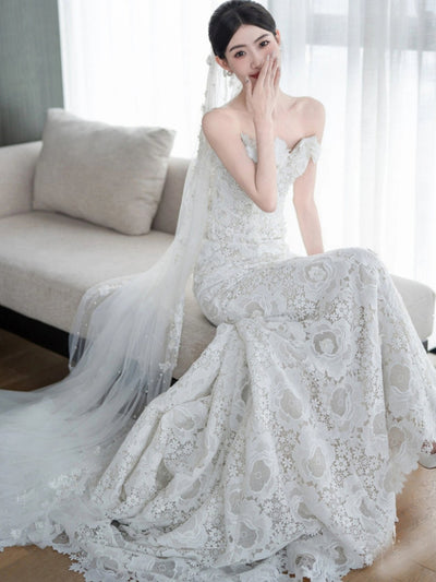 White Mermaid Lace Long Sleeve Wedding Dress