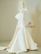 Ivory Satin Strapless Pleats Wedding Dress