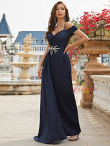 Navy Blue Straps Split Prom Dress