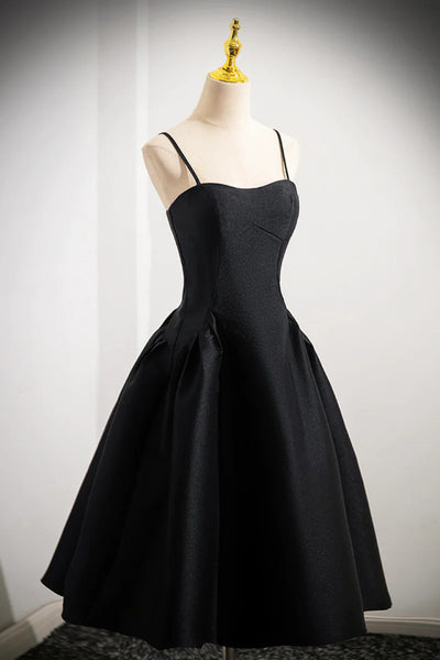 Black Spaghetti Strap Satin Prom Dress
