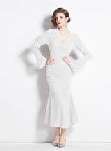 Horn Long Sleeve V-neck Lace Dress