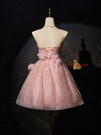 Pink Sequins Beading Halter Flower Homecoming Dress