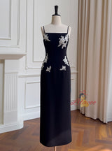 Black Straps Appliques Beading Prom Dress