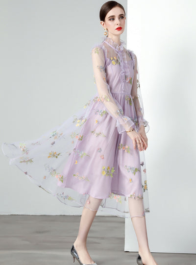 Purple Gauze Embroidery Slim Dress