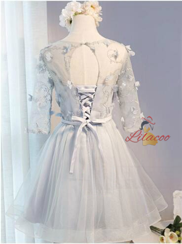 Gray Tulle Short Sleeve 3D Flower Homecoming Dress