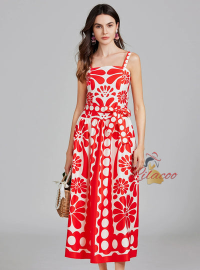 Retro Printed Sling Slim Dress