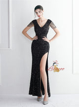 Mermaid Sequins V-neck Cap Sleeve Beading Prom Dress