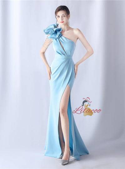 One Shoulder Split Beading Prom Dress