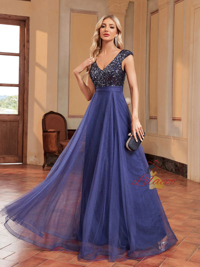 V-neck Sequin Tulle Prom Dress